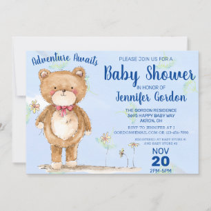 Sweet Woodland Bear Blue Boy Baby Dusche Einladung
