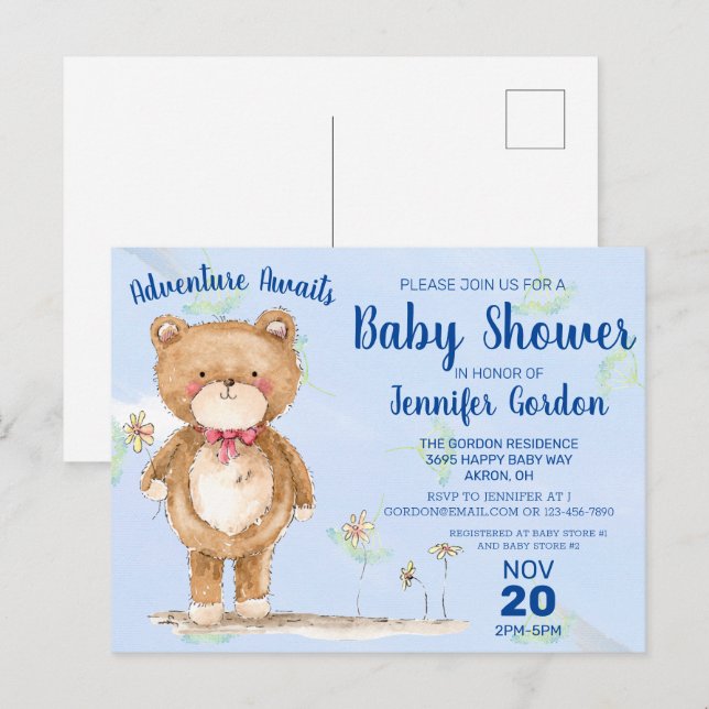 Sweet Woodland Bear Blue Boy Baby Dusche Einladungspostkarte (Vorne/Hinten)