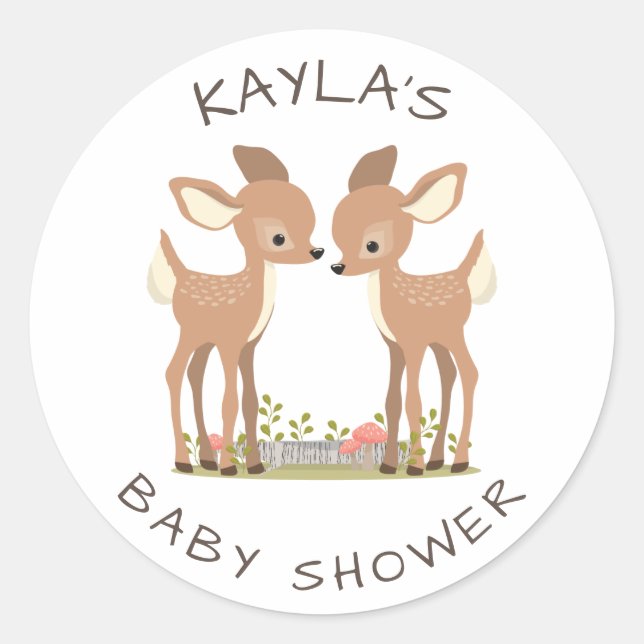 Sweet Woodland Deer Twin Baby Dusche Gefallen Runder Aufkleber (Vorderseite)