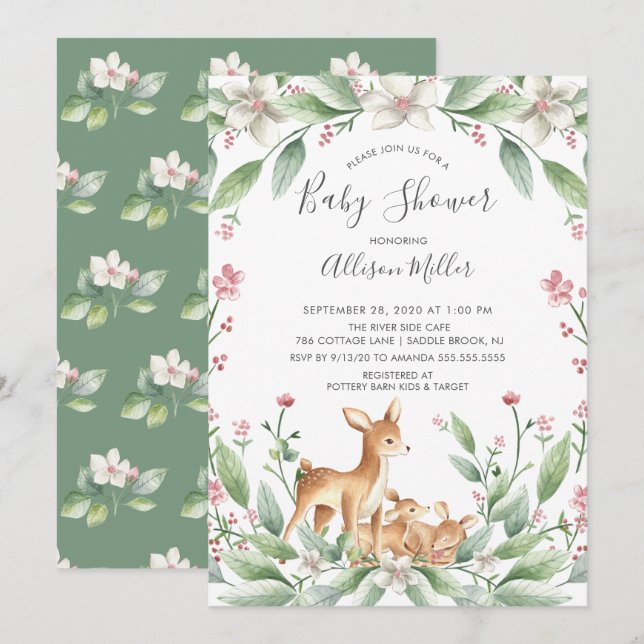 Sweet Woodland Deer Twins Kinderdusche Einladung (Vorne/Hinten)
