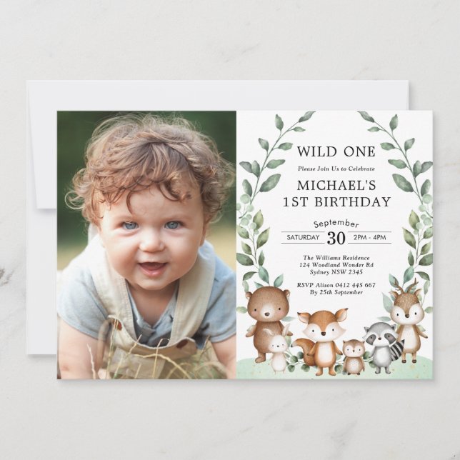Sweet Woodland Forest Animals Grüne Geburtstag Einladung (Vorderseite)