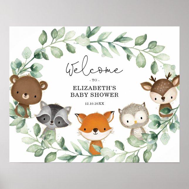 Sweet Woodland Forest Green Wreath Baby Willkommen Poster (Vorne)