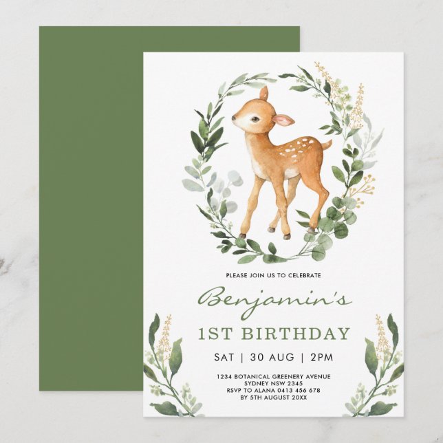 Sweet Woodland Grünwald Baby Deer Birthday Einladung (Vorne/Hinten)