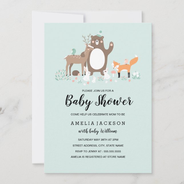 Sweet Woodland Mint Baby Dusche laden ein Einladung (Vorderseite)