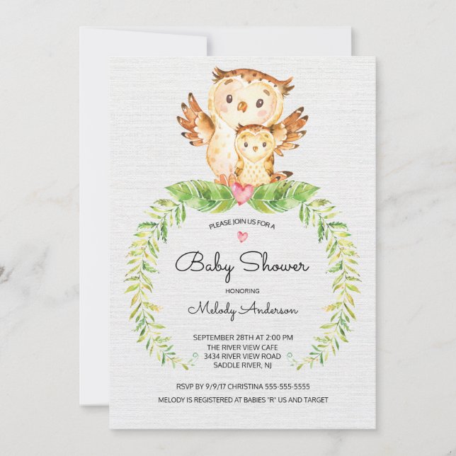 Sweet Woodland Owl Babydusche Einladung (Vorderseite)