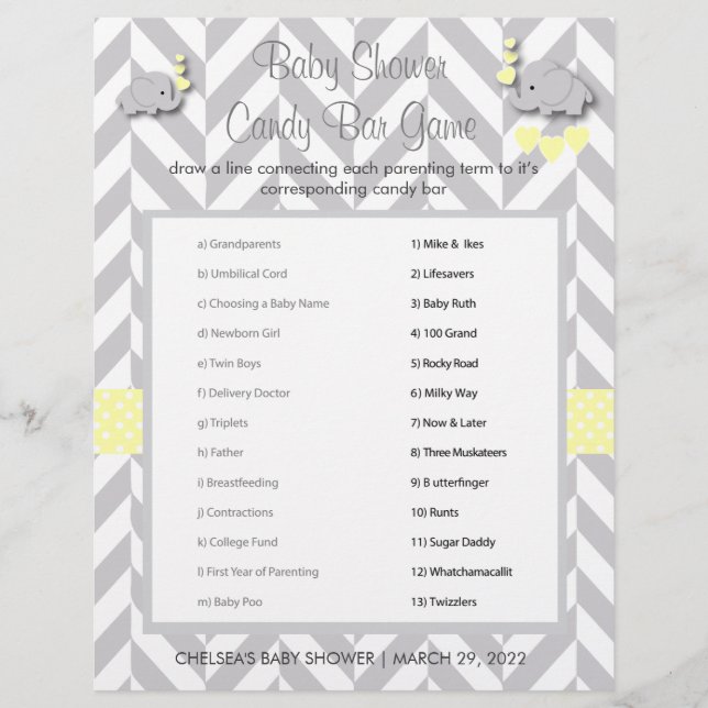 Sweet Yellow and Gray Elephant Baby Shower Game Flyer (Vorne)