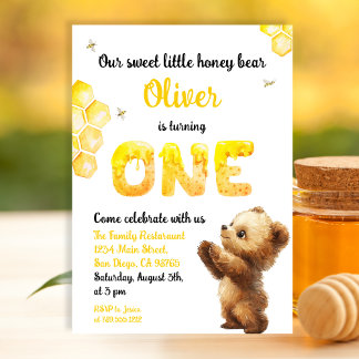 Sweet Yellow First Birthday Honey Bear Einladung