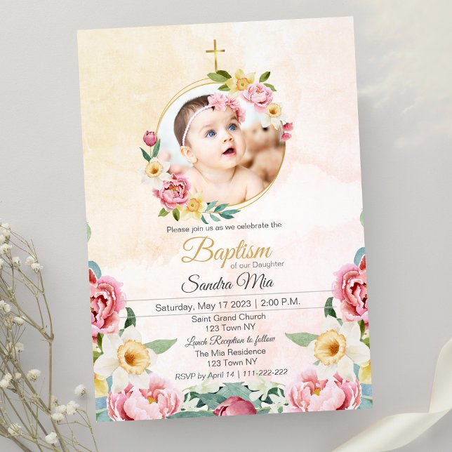 Sweet Yellow Pink Flower Garden Taufe Einladung (Sweet Yellow-pink Flower Garden Baptism Invitation)