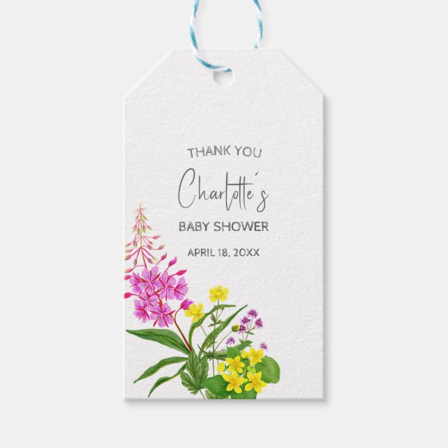 Sweet Yellow Pink Wildblume Script Baby Dusche Geschenkanhänger (Vorderseite)