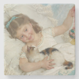 Sweet Young Girl Playing with your Pet Cat (Munier Steinuntersetzer