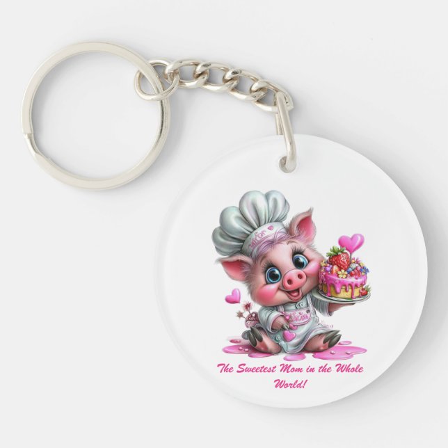 Sweetest Mom Pig Chef Keychain (Devant)