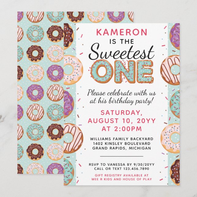 SWEETEST ONE Blue Iced Donuts Baby First Birthday Einladung (Vorne/Hinten)