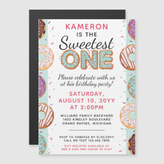 SWEETEST ONE Blue Iced Donuts Baby First Birthday Magneteinladung