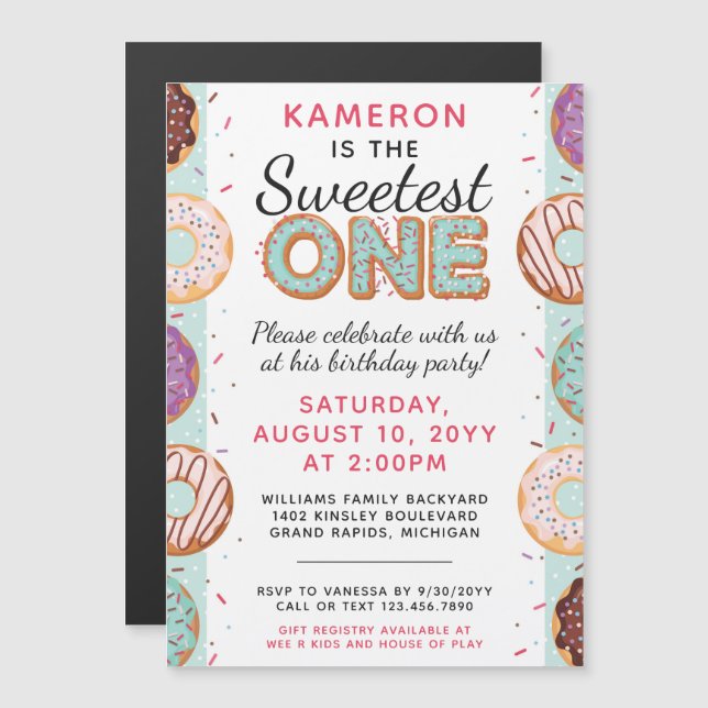 SWEETEST ONE Blue Iced Donuts Baby First Birthday Magneteinladung (Vorne/Hinten)