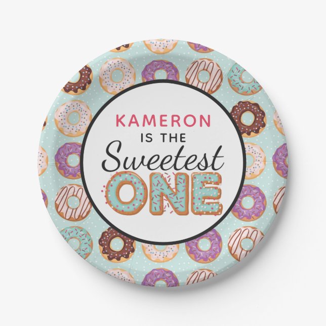 SWEETEST ONE Blue Iced Donuts Baby First Birthday Pappteller (Vorderseite)