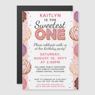 SWEETEST ONE Pink Iced Donuts Baby First Birthday Magneteinladung