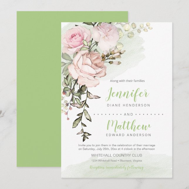 Sweetheart Blush Bloral Drop auf Grüne Hochzeit Einladung (Vorne/Hinten)
