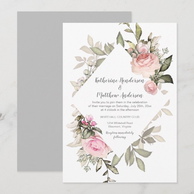 Sweetheart Blush Pink Roses Diamond Shape Rahmen Einladung (Vorne/Hinten)