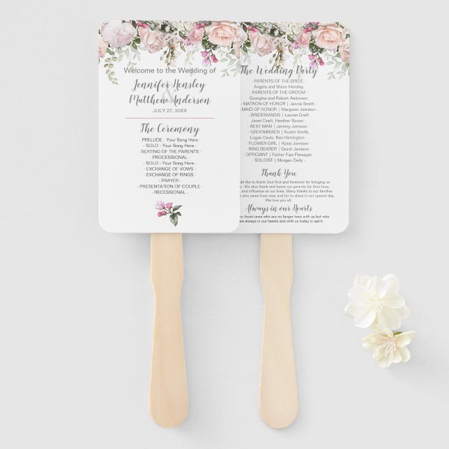 Sweetheart Blush Pink Roses Grüne Hochzeit Fächer (Vorne und Hinten)