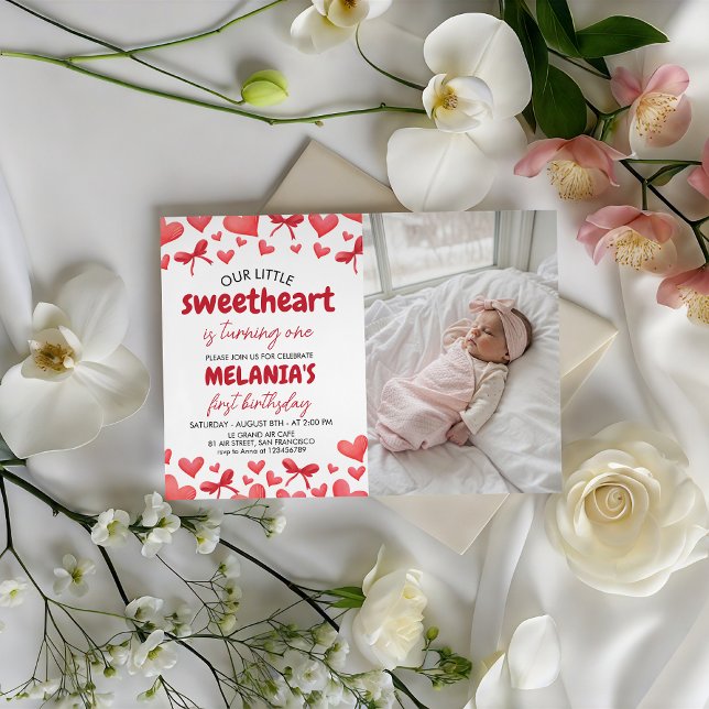 Sweetheart First Birthday Invitation with Photo Einladung (Von Creator hochgeladen)