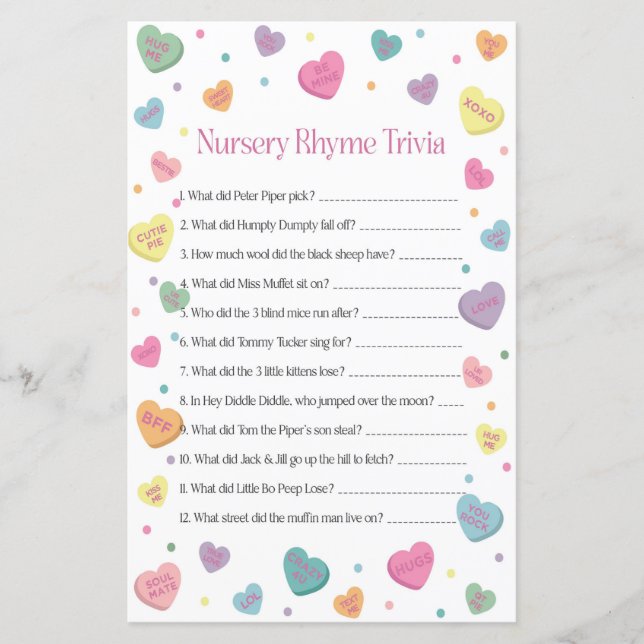 Sweetheart Kinderzimmer Rhyme Trivia Baby Showspie (Vorderseite)