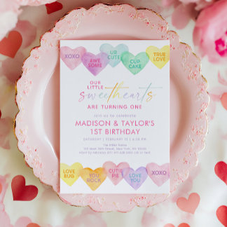 Sweetheart Pastel Rainbow Hearts Twin Birthday Einladung