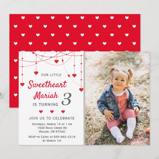 Sweetheart Valentine Girl Birthday Party Foto Einladung (Vorne/Hinten)