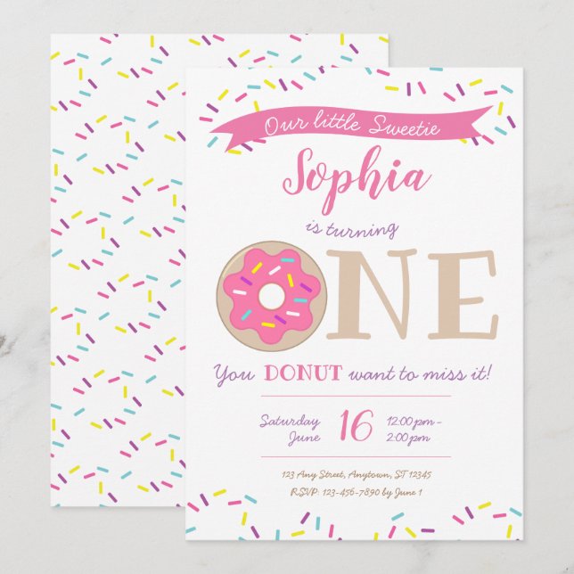 Sweetie Donut Doughnut 1er Invitation anniversaire (Devant / Derrière)