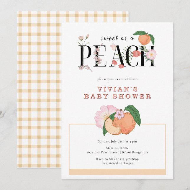 Sweety Little Peach & Floral Baby Dusche Einladung (Vorne/Hinten)