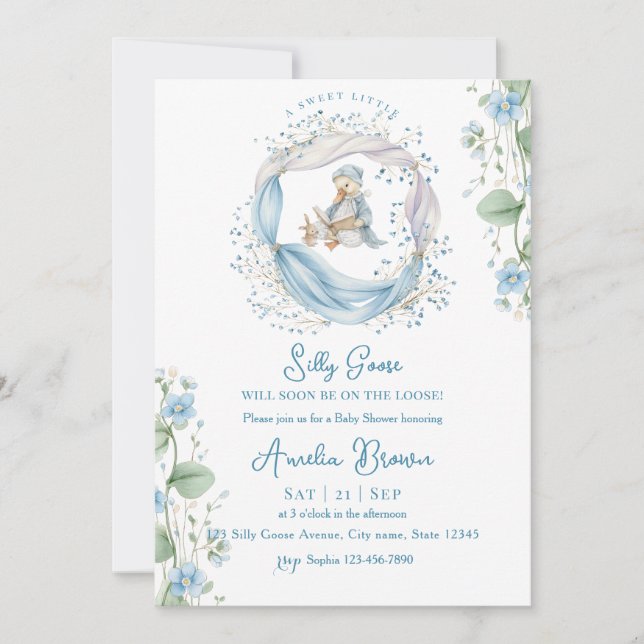 Swet Silly Goose Reading Baby Shower Invitation Einladung (Vorderseite)