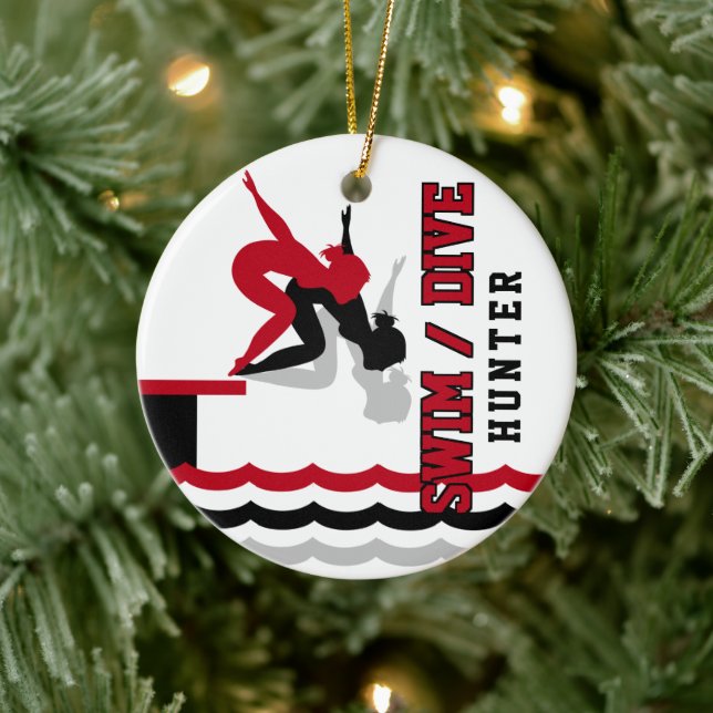 Swim Dive Team - Rot und Schwarz Keramik Ornament (Baum)
