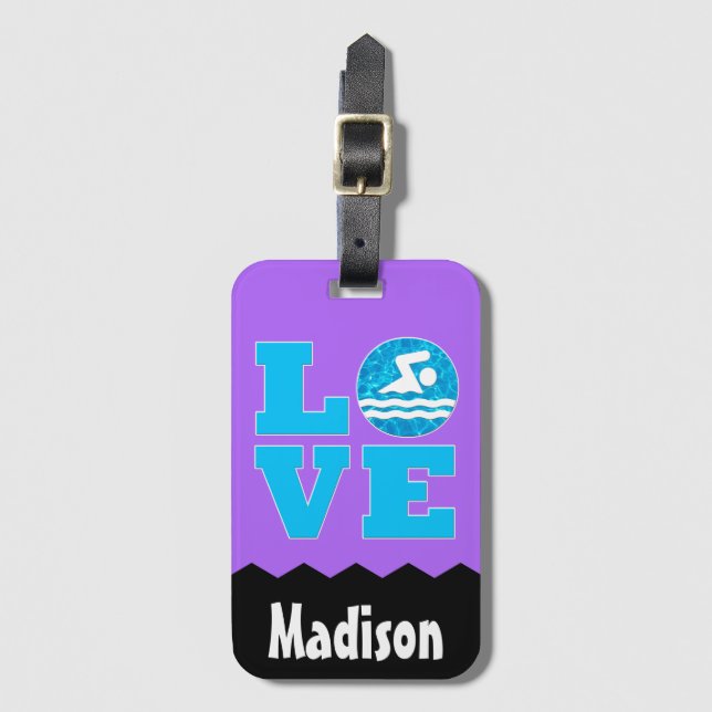 Swim LIEBE Individuelle Name & Color Swimmer Gepäckanhänger (Vorderseite Vertikal)