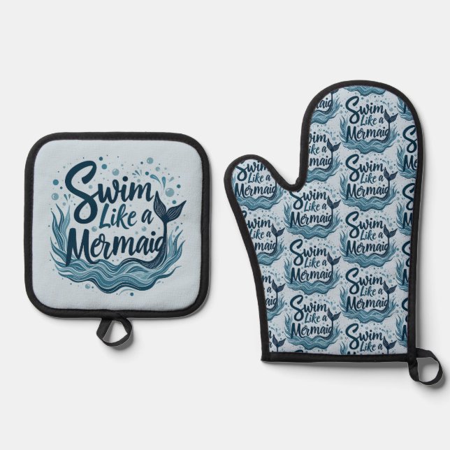Swim wie ein Meerjungfrau-Zitat Kunst Ofenhandschuh & Topflappen-Set (Vorderseite)