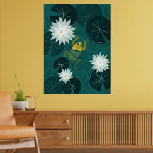 Swimming Frog in Water Lily Pond by Night - Poster