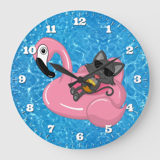 Swimming Pool Cute Cat Flamingo Blue Water Große Wanduhr (Vorderseite)