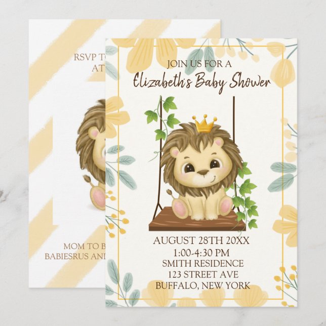Swing Flora Prince Lion Boy Baby Dusche Einladung (Vorne/Hinten)