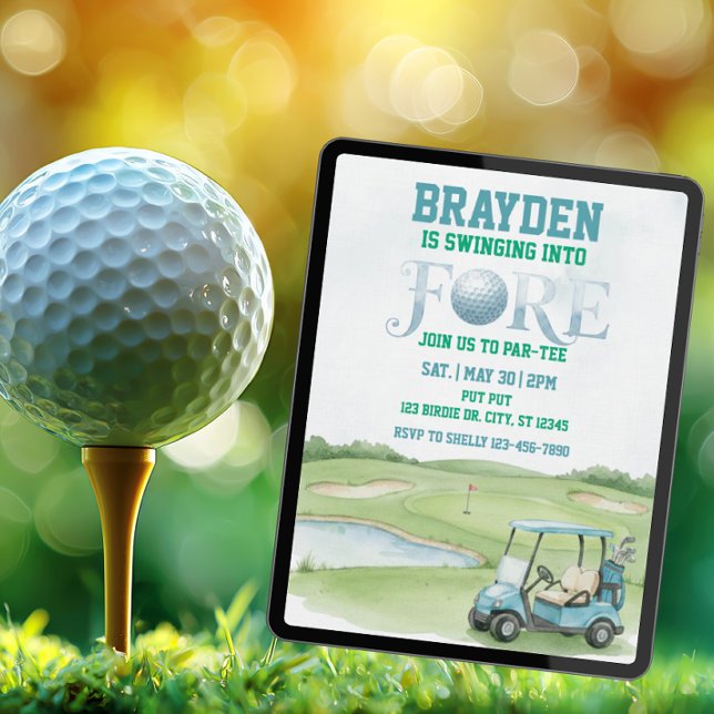 Swinging Into Fore, Blue Golf 4th Birthday Einladung (Von Creator hochgeladen)