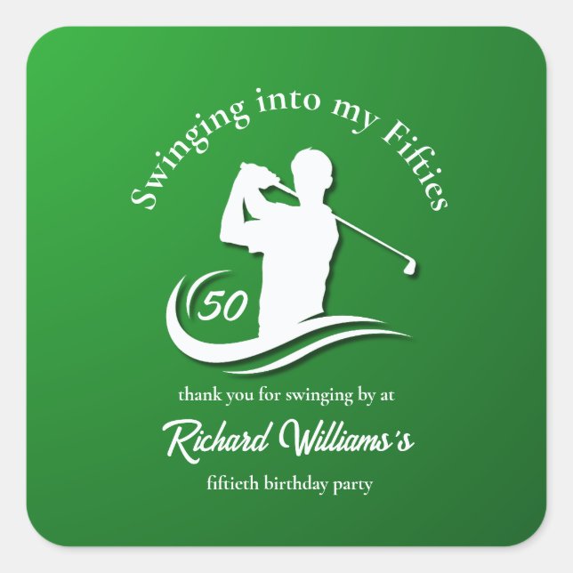 Swinging into My Fifties Modern Golf Player Party Quadratischer Aufkleber (Vorderseite)