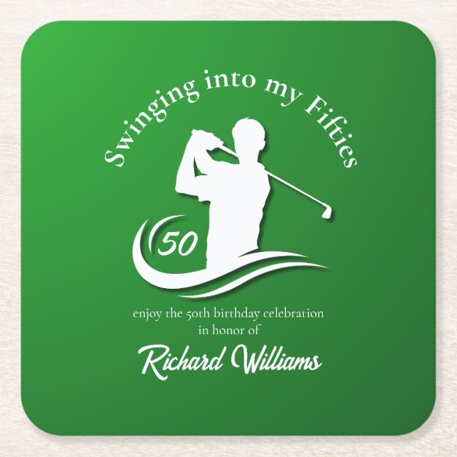 Swinging into My Fifties Modern Golf Player Party Rechteckiger Pappuntersetzer (Vorderseite)