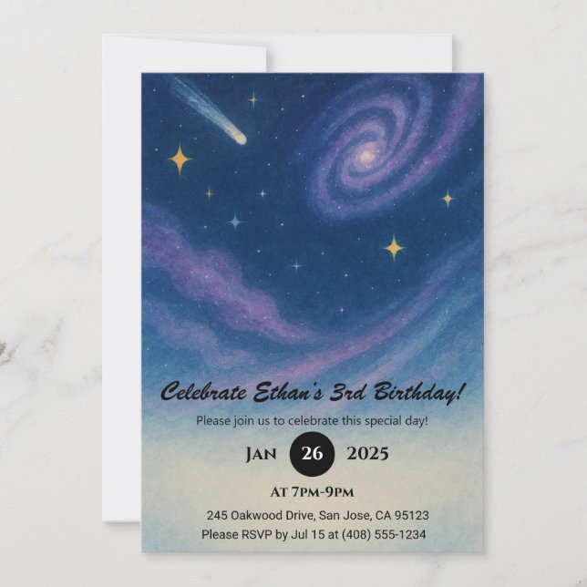 Swirbelgalaxie und Shooting Star Night Geburtstag Einladung (Vorderseite)