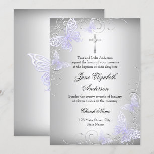 Swirl Butterfly & Cross Lila Taufe einladen Einladung
