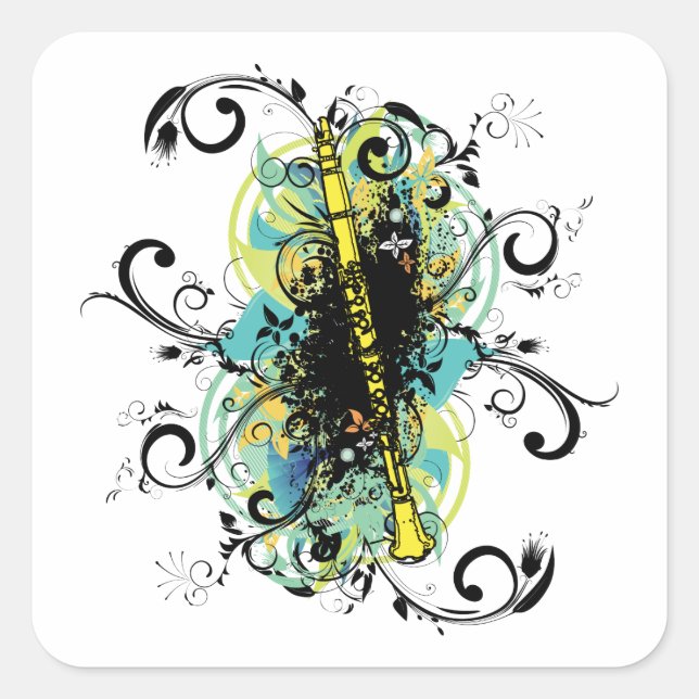 Swirl Grunge Klarinette Quadratischer Aufkleber (Vorderseite)