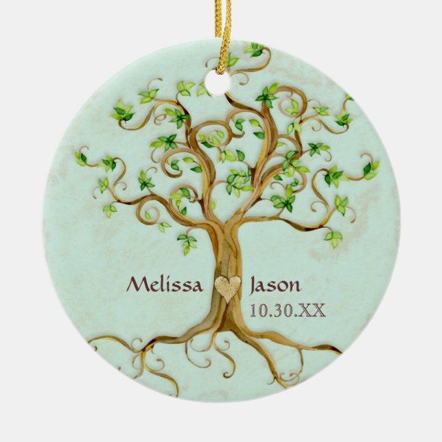 Swirl Tree Roots Antike Personalisierte Namen Herz Keramikornament (Vorne)