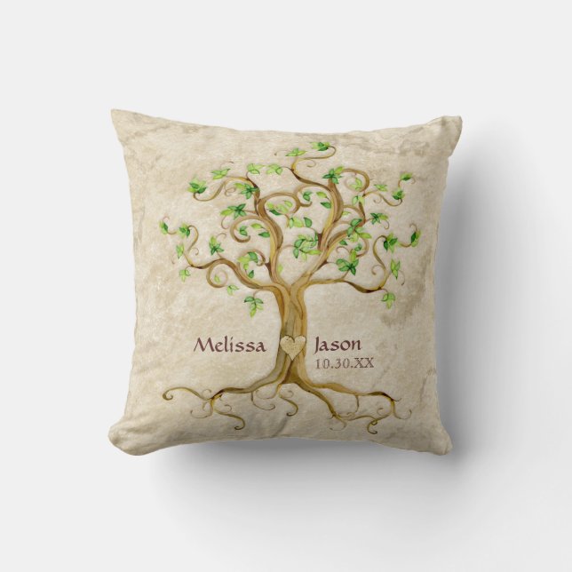 Swirl Tree Roots Antike Personalisierte Namen Herz Kissen (Vorderseite)
