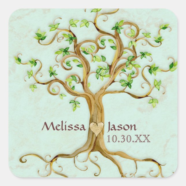 Swirl Tree Roots Antike Personalisierte Namen Herz Quadratischer Aufkleber (Vorderseite)