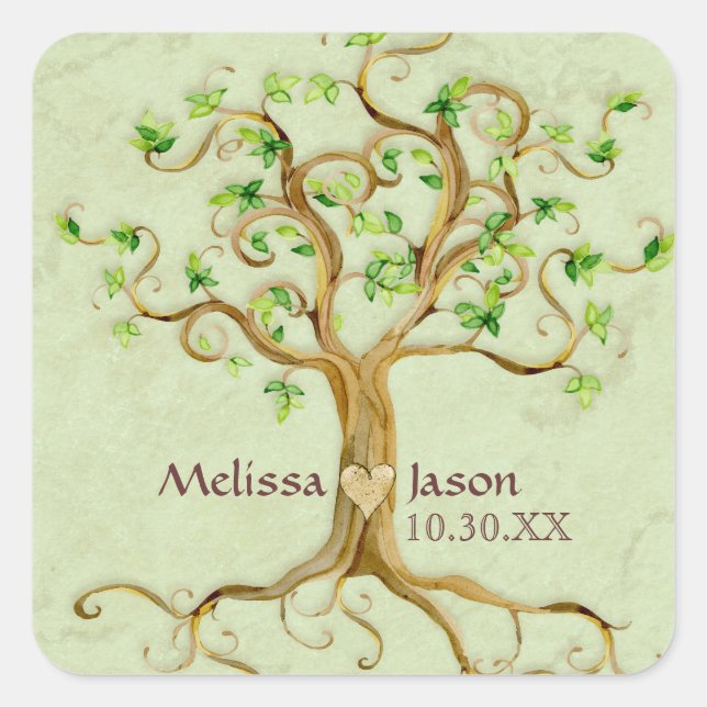 Swirl Tree Roots Antike Personalisierte Namen Herz Quadratischer Aufkleber (Vorderseite)