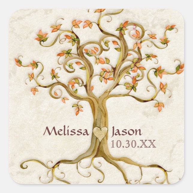 Swirl Tree Roots Antike Personalisierte Namen Herz Quadratischer Aufkleber (Vorderseite)