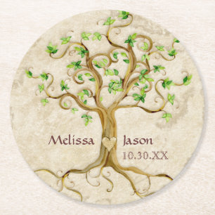 Swirl Tree Roots Personalisierte Hochzeitskunst an Runder Pappuntersetzer