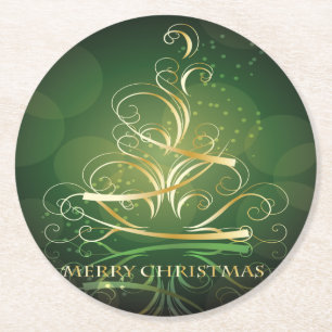 Swirling Gold Ribbon Weihnachtsbaum Runder Pappuntersetzer