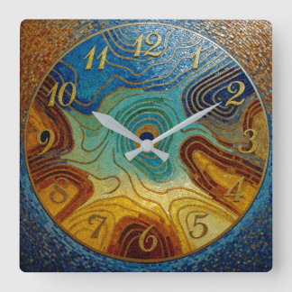 Swirling Mosaic Wall Clock Blue Teal Cyan Gold Quadratische Wanduhr